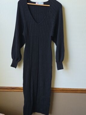 Free People FP Beach Black Ribbed Sweater Maxi Dress Long Fitted XS
